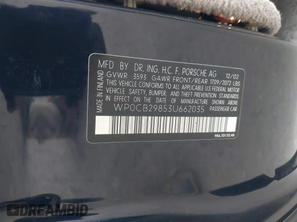 2003 Porsche Boxster S с VIN WP0CB29853U662035, выставлен на аукционе IAAI как лот 41845536 с пробегом 42 026 миль миль и . История ставок и продаж доступна на DreamBid. Изображение 9.