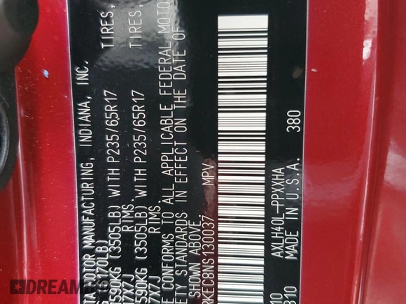 2022 Toyota Sienna XLE with VIN 5TDYRKEC8NS130037, listed as a Copart auction lot 48022555 with 31,357 mi miles and Salvage Title. Bid and sale history available at carsss.com. Image 13.