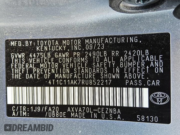 2024 Toyota Camry LE z VIN 4T1C11AK7RU852217, wystawiony jako Copart lot #57436885 z przebiegiem 45 828 mil mil oraz Czysty tytuł • Clean title. Historia ofert i sprzedaży dostępna na DreamBid. Obrazek 12.