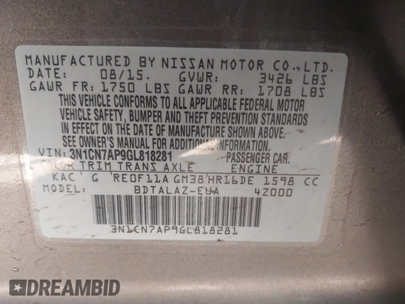 2016 Nissan Versa S with VIN 3N1CN7AP9GL818281, listed as a IAAI auction lot 41652921 with 158,676 mi miles and . Bid and sale history available at DreamBid. Image 9.