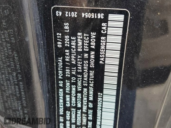 2013 Volkswagen Eos Executive с VIN WVWFW8AH0DV002612, выставлен на аукционе Copart как лот 58059915 с пробегом 117 671 миль миль и Списание • Salvage title. История ставок и продаж доступна на DreamBid. Изображение 12.