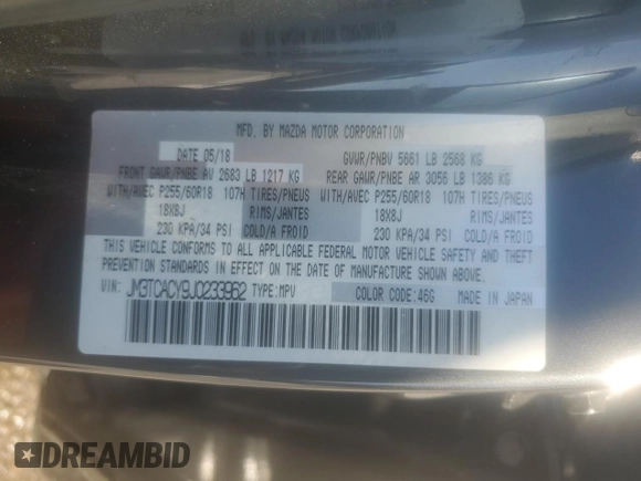2018 Mazda CX-9 Touring with VIN JM3TCACY9J0233962, listed as a Copart auction lot 48301135 with Not Provided miles and Salvage Title. Bid and sale history available at carsss.com. Image 13.
