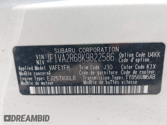 2019 Subaru WRX STI with VIN JF1VA2R68K9822586, listed as a IAAI auction lot 42071007 with Not provided miles and . Bid and sale history available at DreamBid. Image 9.
