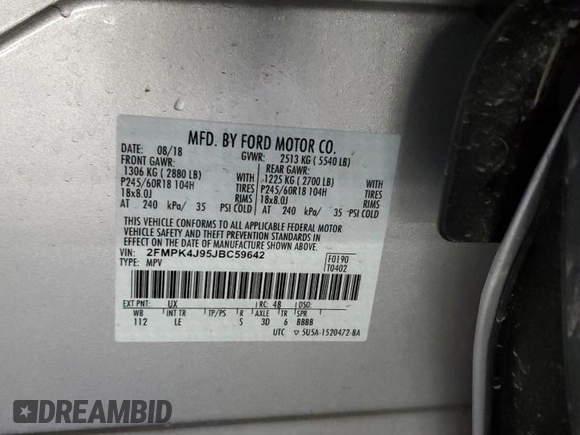 2018 Ford Edge SEL with VIN 2FMPK4J95JBC59642, listed as a Copart auction lot 50028625 with 58,472 mi miles and Salvage Title. Bid and sale history available at DreamBid. Image 15.
