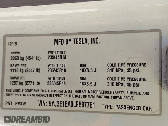 2020 Tesla Model 3 Standard Range Plus with VIN 5YJ3E1EA0LF597761, listed as a IAAI auction lot 41773918 with 89,957 mi miles. Bid and sale history available at carsss.com. Image 9.