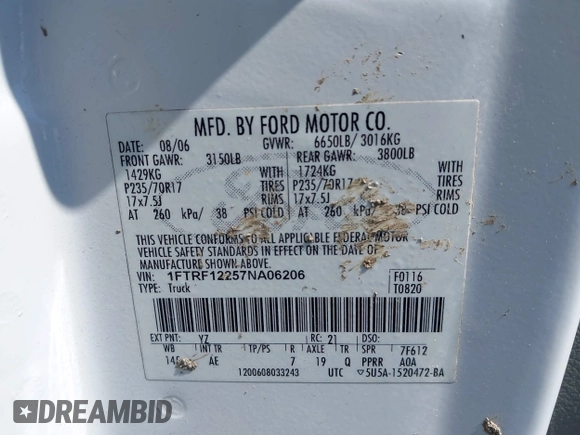 2007 Ford F-150 XL with VIN 1FTRF12257NA06206, listed as a IAAI auction lot 41973920 with 295,169 mi miles and . Bid and sale history available at DreamBid. Image 9.