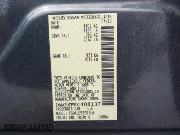 2013 Nissan LEAF SL with VIN 1N4AZ0CP9DC408137, listed as a IAAI auction lot 42517495 with 53,237 mi miles and . Bid and sale history available at DreamBid. Image 9.