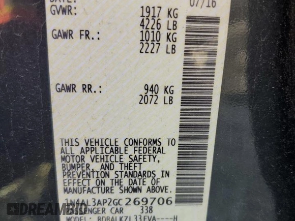 2016 Nissan Altima S with VIN 1N4AL3AP2GC269706, listed as a Copart auction lot 53245255 with 167,839 mi miles and Salvage Title. Bid and sale history available at DreamBid. Image 13.