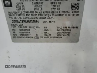 2015 GMC Terrain SLT with VIN 2GKALTEK8F6135934, listed as a Copart auction lot 57581655 with 194,573 mi miles and Salvage title. Bid and sale history available at DreamBid. Image 13.