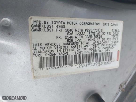 2001 Lexus RX 300 with VIN JTJHF10U910201582, listed as a IAAI auction lot 41616569 with 285,054 mi miles. Bid and sale history available at carsss.com. Image 9.