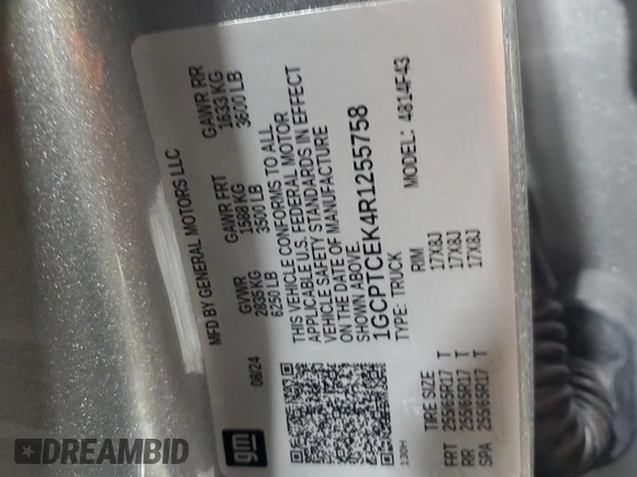 2024 Chevrolet Colorado 4WD LT with VIN 1GCPTCEK4R1255758, listed as a Copart auction lot 46122935 with 2,053 mi miles and Salvage title. Bid and sale history available at DreamBid. Image 12.
