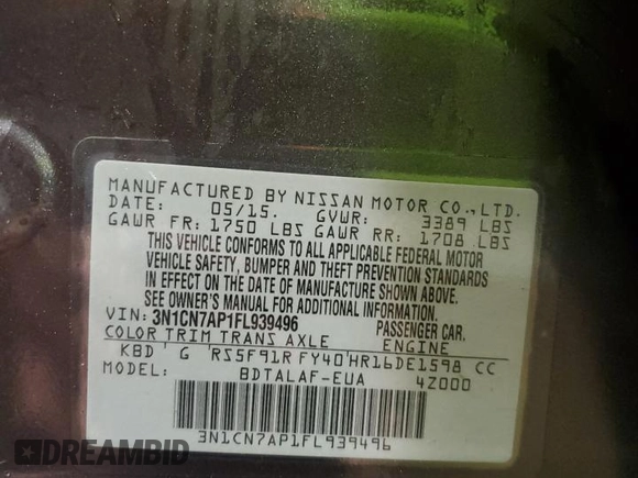 2015 Nissan Versa SV with VIN 3N1CN7AP1FL939496, listed as a Copart auction lot 51999695 with 166,522 mi miles and Salvage Title. Bid and sale history available at carsss.com. Image 12.