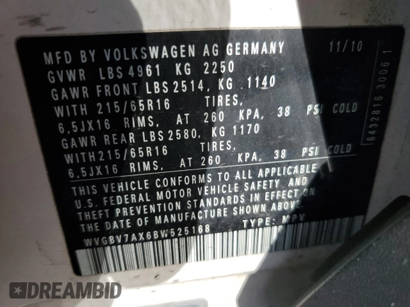 2011 Volkswagen Tiguan SE with VIN WVGBV7AX6BW525168, listed as a Copart auction lot 53824915 with 113,628 mi miles and Salvage Title. Bid and sale history available at DreamBid. Image 13.