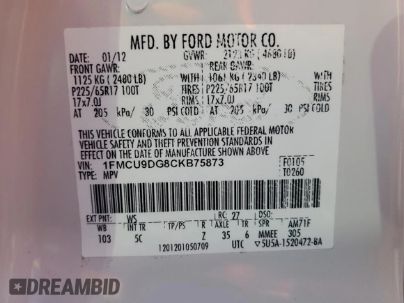 2012 Ford Escape XLT with VIN 1FMCU9DG8CKB75873, listed as a Copart auction lot 66405745 with 152,525 mi miles and Clean title. Bid and sale history available at DreamBid. Image 13.