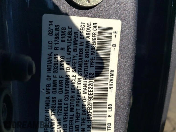 2014 Honda Civic EX-L with VIN 19XFB2F90EE220162, listed as a Copart auction lot 54591795 with 199,340 mi miles and Salvage Title. Bid and sale history available at DreamBid. Image 12.