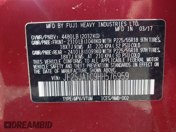 2017 Subaru Forester Touring with VIN JF2SJATC9HH576959, listed as a IAAI auction lot 42550955 with 138,810 mi miles and . Bid and sale history available at DreamBid. Image 9.