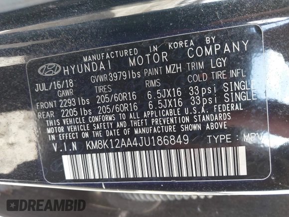 2018 Hyundai Kona SE with VIN KM8K12AA4JU186849, listed as a IAAI auction lot 40733065 with 112,821 mi miles and . Bid and sale history available at DreamBid. Image 9.