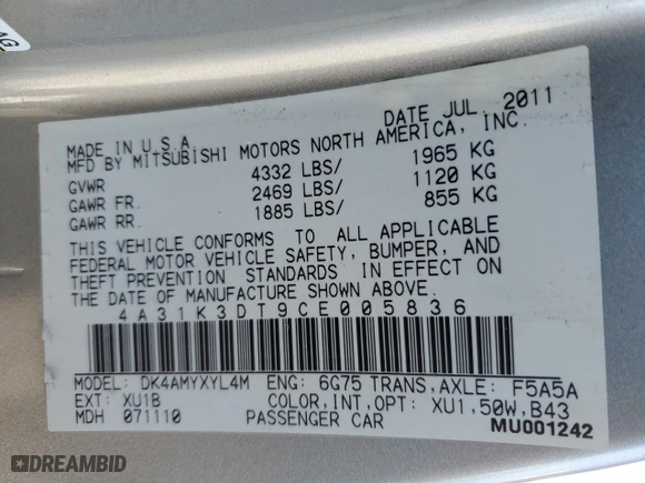 2012 Mitsubishi Eclipse GT with VIN 4A31K3DT9CE005836, listed as a Copart auction lot 88078075 with 125,264 mi miles and Salvage Title. Bid and sale history available at carsss.com. Image 12.