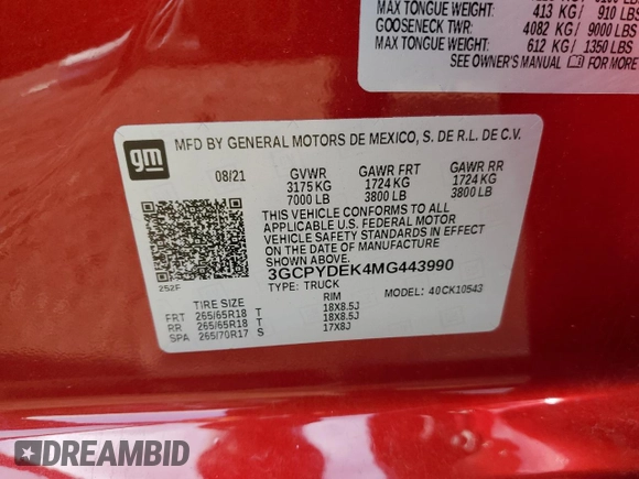 2021 Chevrolet Silverado 1500 LT z VIN 3GCPYDEK4MG443990, wystawiony jako Copart lot #54342215 z przebiegiem 68 958 mil mil oraz Szkoda całkowita • Salvage title. Historia ofert i sprzedaży dostępna na DreamBid. Obrazek 12.
