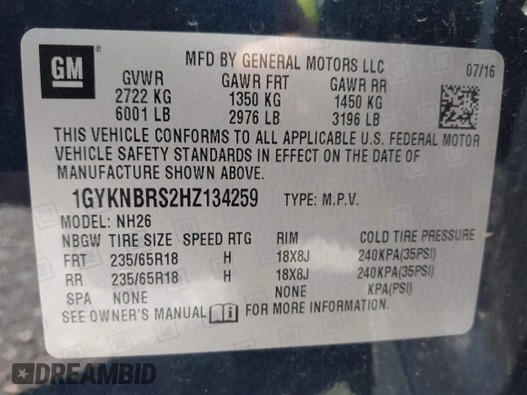 2017 Cadillac XT5 Luxury FWD with VIN 1GYKNBRS2HZ134259, listed as a IAAI auction lot 39416446 with 87,917 mi miles. Bid and sale history available at carsss.com. Image 9.
