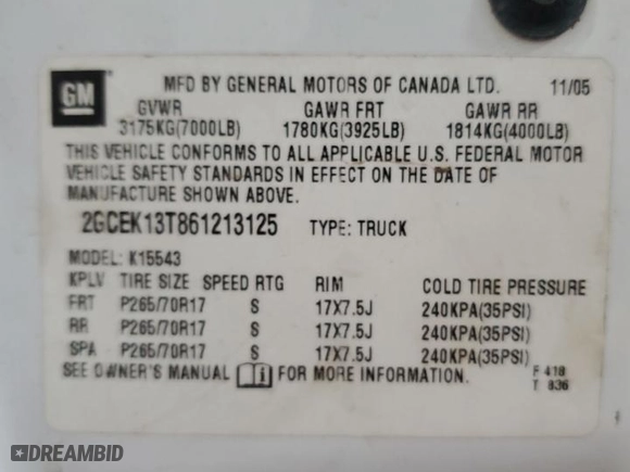 2006 Chevrolet Silverado 1500 LT1 with VIN 2GCEK13T861213125, listed as a Copart auction lot 53575805 with 310,972 mi miles and Clean Title. Bid and sale history available at carsss.com. Image 12.
