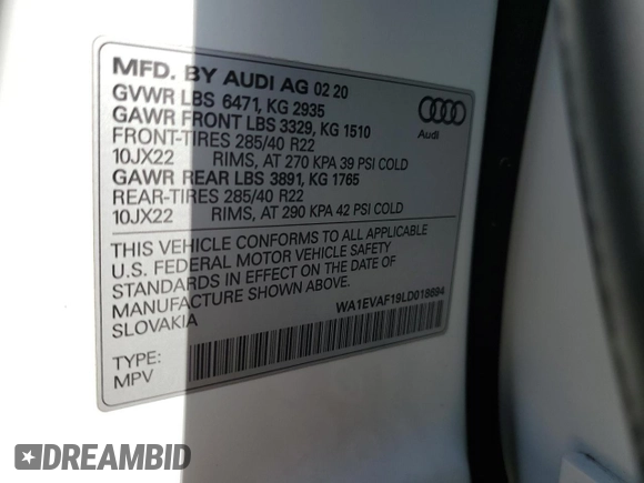 2020 Audi Q8 Premium Plus with VIN WA1EVAF19LD018694, listed as a Copart auction lot 56150484 with 0 mi miles and Salvage Title. Bid and sale history available at carsss.com. Image 14.