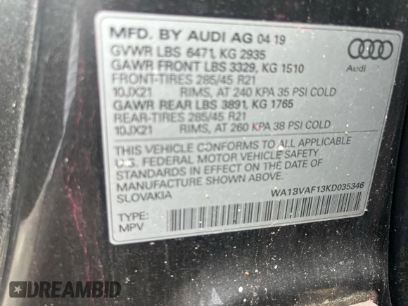 2019 Audi Q8 Premium Plus with VIN WA1BVAF13KD035346, listed as a Copart auction lot 50950015 with 105,787 mi miles and Clean title. Bid and sale history available at DreamBid. Image 10.