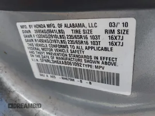 2010 Honda Odyssey EX-L with VIN 5FNRL3H6XAB061092, listed as a IAAI auction lot 41645143 with 165,941 mi miles. Bid and sale history available at carsss.com. Image 9.