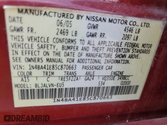 2005 Nissan Maxima 3.5 SL with VIN 1N4BA41E85C870663, listed as a Copart auction lot 79019714 with 136,340 mi miles and Salvage Title. Bid and sale history available at carsss.com. Image 12.