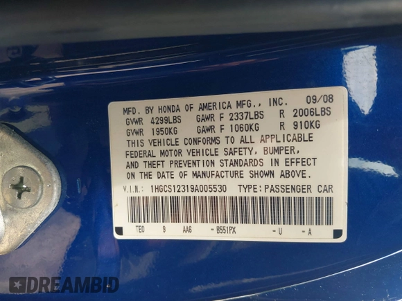 2009 Honda Accord LX-S with VIN 1HGCS12319A005530, listed as a IAAI auction lot 42170705 with 224,065 mi miles and . Bid and sale history available at DreamBid. Image 9.
