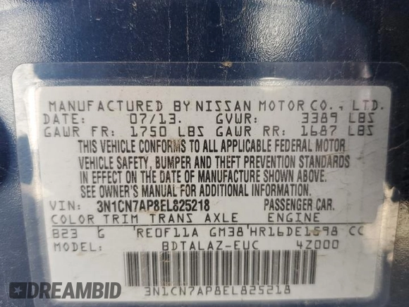 2014 Nissan Versa SV with VIN 3N1CN7AP8EL825218, listed as a Copart auction lot 49835355 with 156,744 mi miles and Salvage Title. Bid and sale history available at carsss.com. Image 12.