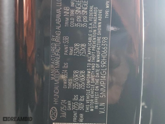 2024 Hyundai Santa Fe SE with VIN 5NMP14GL9RH066398, listed as a Copart auction lot 48225055 with 8,680 mi miles and Salvage Title. Bid and sale history available at carsss.com. Image 14.