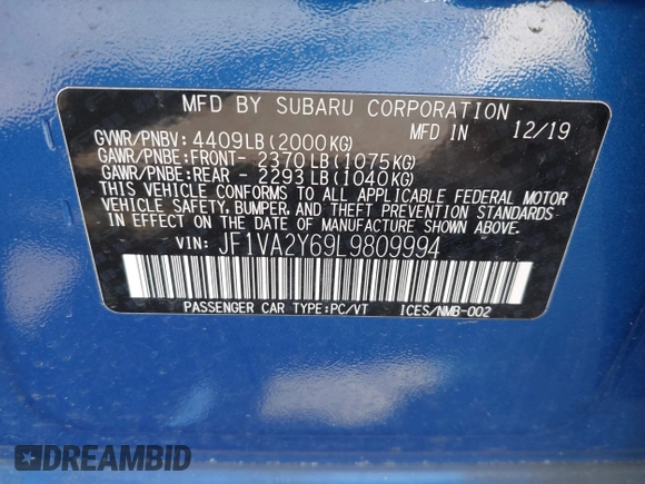 2020 Subaru WRX STI Limited with VIN JF1VA2Y69L9809994, listed as a IAAI auction lot 41930749 with 48,210 mi miles. Bid and sale history available at carsss.com. Image 9.