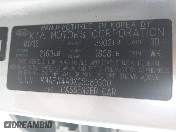 2012 Kia Forte SX with VIN KNAFW4A3XC5589300, listed as a IAAI auction lot 41714687 with 304,477 mi miles. Bid and sale history available at carsss.com. Image 9.