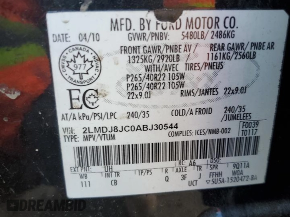 2010 Lincoln MKX with VIN 2LMDJ8JC0ABJ30544, listed as a Copart auction lot 54939005 with 232,912 mi miles and Salvage Title. Bid and sale history available at carsss.com. Image 14.