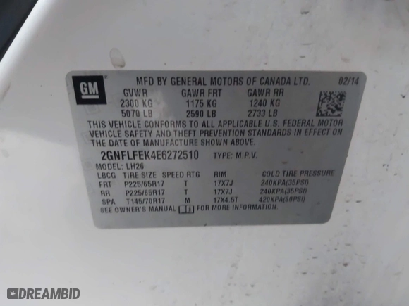 2014 Chevrolet Equinox LT with VIN 2GNFLFEK4E6272510, listed as a IAAI auction lot 41916284 with 150,842 mi miles. Bid and sale history available at carsss.com. Image 9.