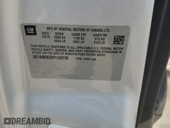 2015 Chevrolet Impala LT with VIN 2G1WB5E33F1149738, listed as a Copart auction lot 54711315 with Not provided miles and Salvage title. Bid and sale history available at DreamBid. Image 12.