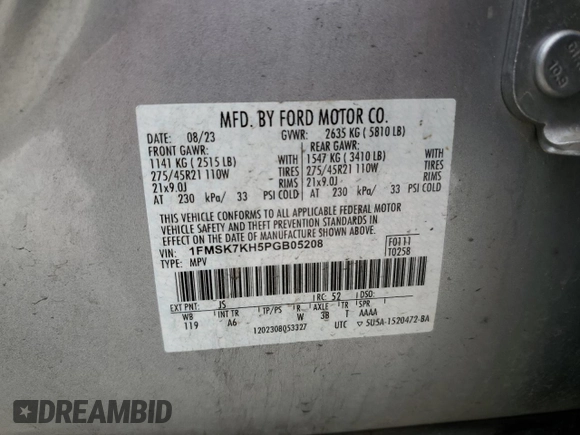 2023 Ford Explorer ST-Line с VIN 1FMSK7KH5PGB05208, выставлен на аукционе Copart как лот 54596295 с пробегом 35 251 миль миль и Списание • Salvage title. История ставок и продаж доступна на DreamBid. Изображение 14.