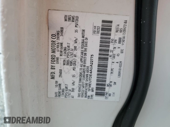 2010 Ford Explorer XLT with VIN 1FMEU7DE4AUA22775, listed as a Copart auction lot 42125105 with 200,982 mi miles and Salvage Title. Bid and sale history available at DreamBid. Image 15.