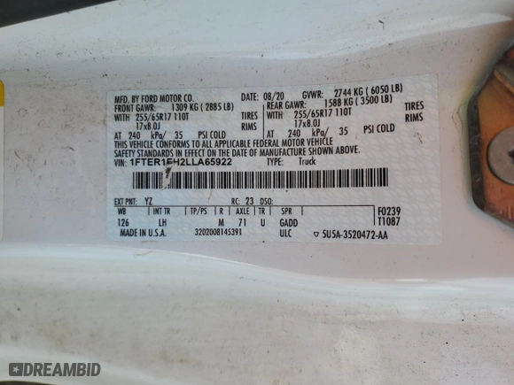 2020 Ford Ranger XL with VIN 1FTER1EH2LLA65922, listed as a Copart auction lot 46446445 with 60,742 mi miles and Salvage Title. Bid and sale history available at carsss.com. Image 12.