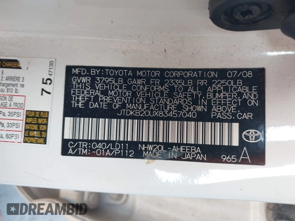2008 Toyota Prius z VIN JTDKB20UX83457040, wystawiony jako IAAI lot #41626418 z przebiegiem 185 936 mil mil oraz . Historia ofert i sprzedaży dostępna na DreamBid. Obrazek 9.