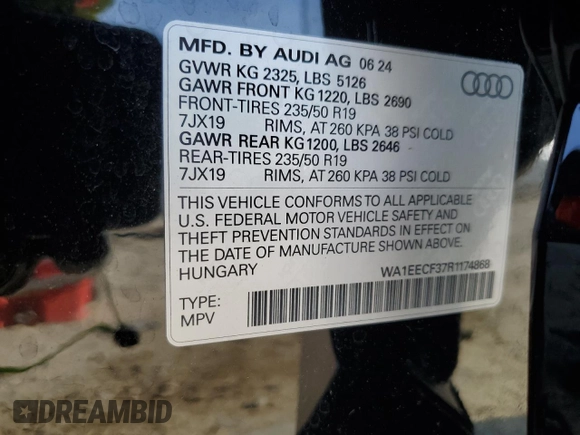 2024 Audi Q3 S line Premium Plus with VIN WA1EECF37R1174868, listed as a Copart auction lot 61827255 with 1,054 mi miles and Salvage title. Bid and sale history available at DreamBid. Image 13.