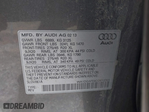 2013 Audi Q7 S line Prestige с VIN WA1DGAFE8DD012301, выставлен на аукционе IAAI как лот 41768600 с пробегом 312 744 миль миль и . История ставок и продаж доступна на DreamBid. Изображение 9.