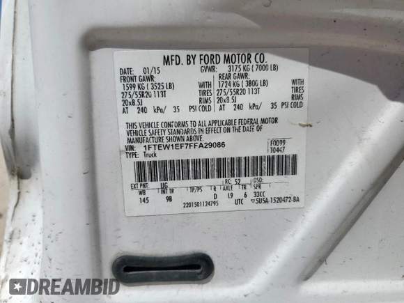 2015 Ford F-150 XLT with VIN 1FTEW1EF7FFA29086, listed as a Copart auction lot 56995355 with 179,859 mi miles and Salvage title. Bid and sale history available at DreamBid. Image 13.