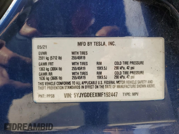 2021 Tesla Model Y Long Range with VIN 5YJYGDEEXMF192447, listed as a Copart auction lot 53550055 with 65,673 mi miles and Salvage Title. Bid and sale history available at DreamBid. Image 13.