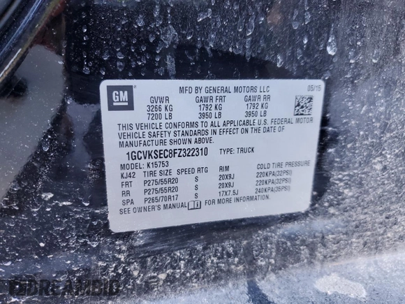 2015 Chevrolet Silverado 1500 LTZ with VIN 1GCVKSEC8FZ322310, listed as a Copart auction lot 44037115 with 97,774 mi miles and Salvage Title. Bid and sale history available at carsss.com. Image 15.
