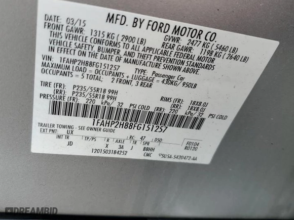 2015 Ford Taurus SEL with VIN 1FAHP2H88FG151257, listed as a Copart auction lot 43351895 with 154,073 mi miles and Salvage Title. Bid and sale history available at carsss.com. Image 14.