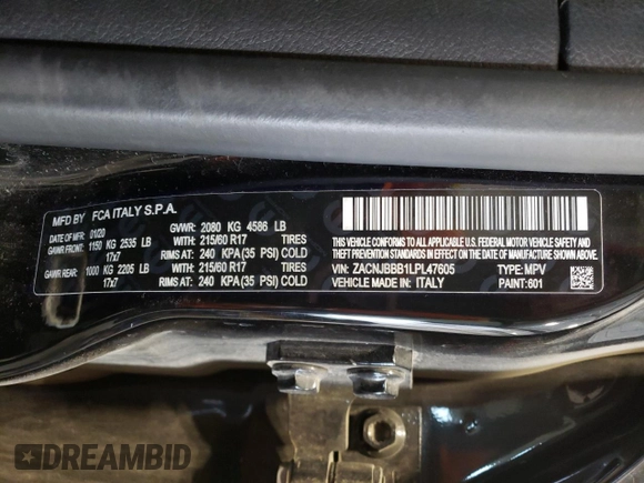 2020 Jeep Renegade Latitude with VIN ZACNJBBB1LPL47605, listed as a Copart auction lot 43620815 with 118,283 mi miles and Salvage Title. Bid and sale history available at carsss.com. Image 13.
