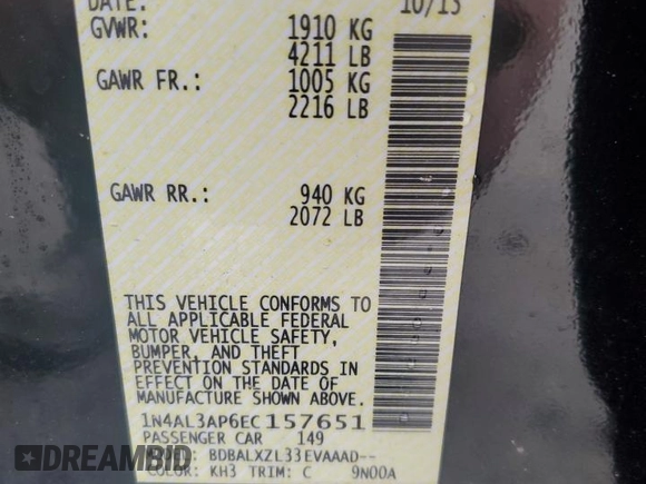 2014 Nissan Altima SV with VIN 1N4AL3AP6EC157651, listed as a Copart auction lot 55424145 with Not Provided miles and Clean Title. Bid and sale history available at DreamBid. Image 12.