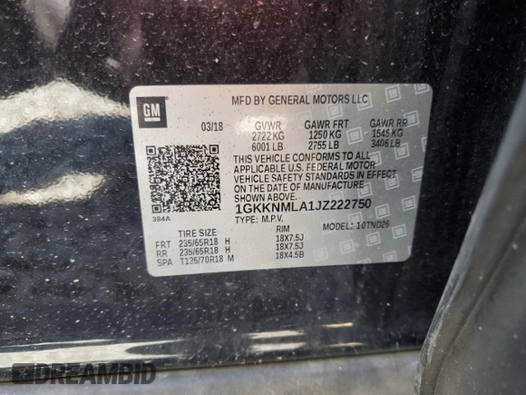 2018 GMC Acadia SLT with VIN 1GKKNMLA1JZ222750, listed as a Copart auction lot 57722355 with Not provided miles and Salvage title. Bid and sale history available at DreamBid. Image 13.